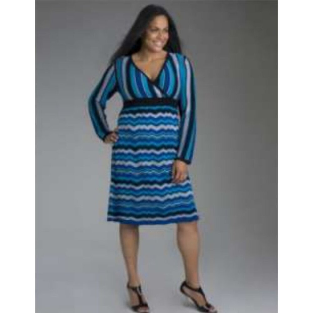 Lane Bryant Blue Black Knit Striped Long Sleeve V Neck Midi Dress EUC 18 20